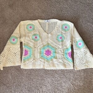 Crochet V-Neck Sweater with Multicolor Accents